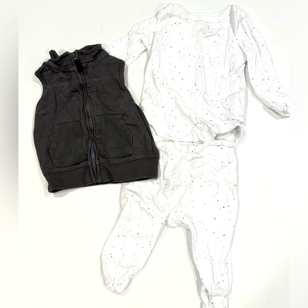 3 Piece Set - 6-9 Months White and Gray Long Sleeved Shirt, Pants & Vest